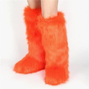 STARBURST ORANGE Bright Dopamine Dressing Faux Fur Knee-high Boots 7.5